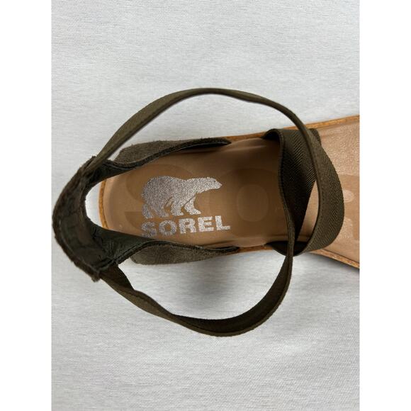 Sorel Women's Ella II Sandal Size 7 olive leather suede elastic flat shoe - Picture 2 of 7